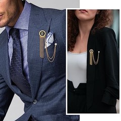 Gold and Silver Tone Initial Chain Brooch Laple Pin for Men Suits, Metal Gold-B