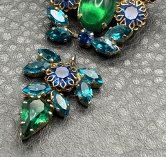 VTG Dog Tooth Prong Blue Green Rhinestone Cupcake Setting Brooch Dangle REPAIR