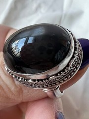 VINTAGE HUGE BLACK STAR CATS EYE MOONSTONE ? CABOCHON 925 STERLING SILVER RING