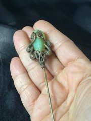 Art Nouveau Serpent Stick Pin Swirled Green Glass Dragon Face CHIP