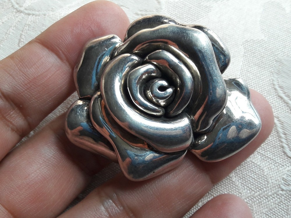 Vintage Signed N 925 TH Sterling Silver Large Puff 3D Flower Rose Pin – Brooch
