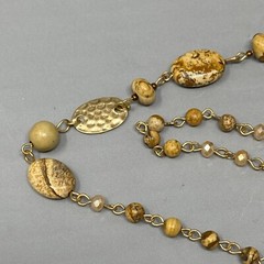Stone Bead Necklace Brown Marble Gemstone StationChakra Long Gold Tone Chain 44″