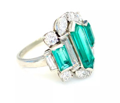 Fancy Cut Vivid Green 14.68CT Emerald With Old European Cut CZ Art Deco Ring
