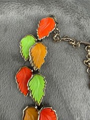 Vintage Thermoset Leaf Necklace Neon Green Red Gold Tone 14”