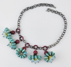 Fun Vintage Silver Tone Statement Necklace w/Ceramic Glass & Plastic Beads