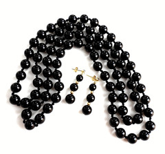 Vintage Set Onyx Necklace No Clasp 14K Y Gold Earrings Beaded Hand Knotted Lot