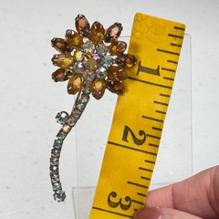 Vintage Brooch Brown Rhinestone Flower AB Stem Daisy MCM 50s 60s