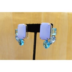 Vintage Cabochon Clip On Earrings Multi Blue Rhinestone Crystal Bezel 1980s W5