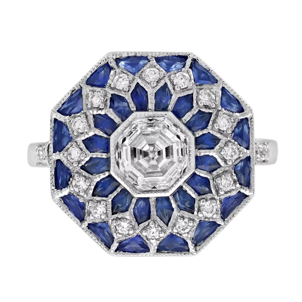 3Ct Art Deco Style Lab Created Diamond & Sapphire Floral 14K White Gold FN Ring