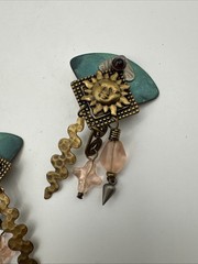 Vintage Earrings Clip on Dangle Copper Brass Garnet Sun Chandelier