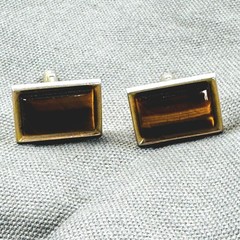 VTG Tigers Eye Gold Tone Rectangular Cufflinks Bullet Back MCM Dad Father Exec