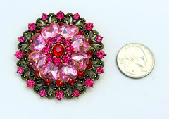 Gold Tone Pink Heart Shape Rhinestones & Red Rhinestones Brooch