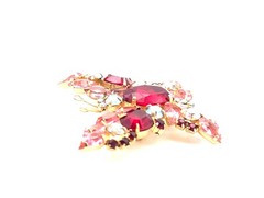 Vintage Gold Tone Red Pink Aurora Borealis Butterfly Rhinestoone Brooch Pin