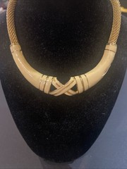 Vintage Lanvin Paris Gold Tone Mesh & Enamel Choker Necklace Signed