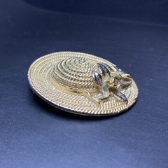 Sun Hat Brooch Pin Floral Flower Gold Tone Summer Wide Brim Vintage