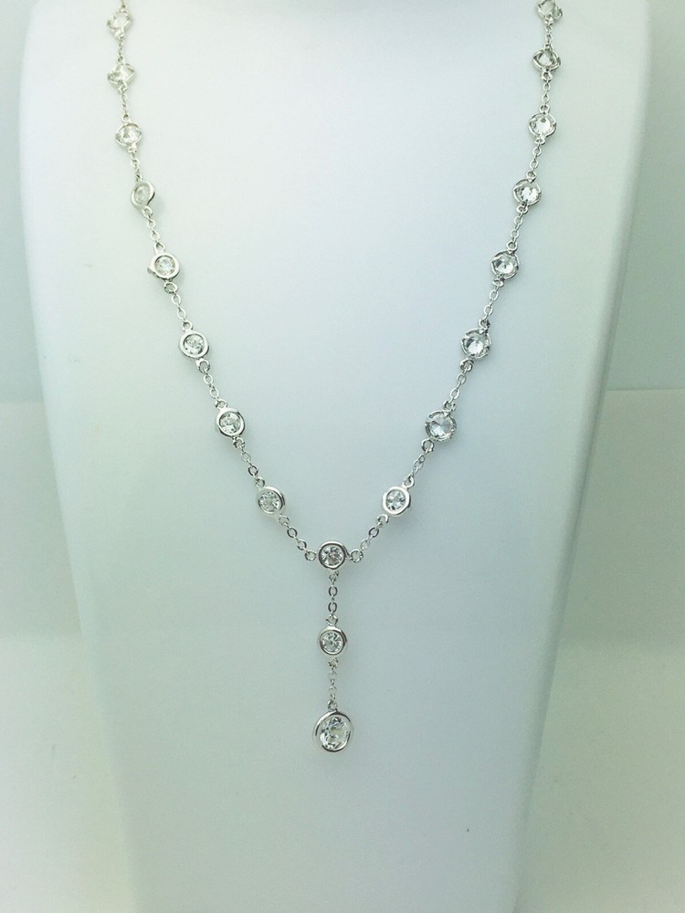 Vintage Rhodium Plated Bezel Set C Z Y-Necklace 15”+2” Ext