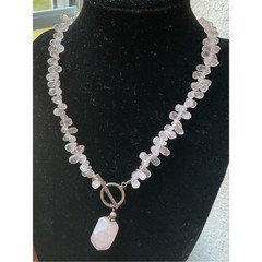 Vintage Sterling Silver Rose Pink Quartz Toggle Clasp Necklace 17.75”