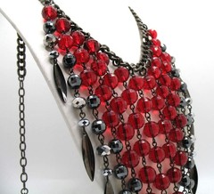 Vintage RJ Graziano red bead and gunmetal statement runway fringe necklace