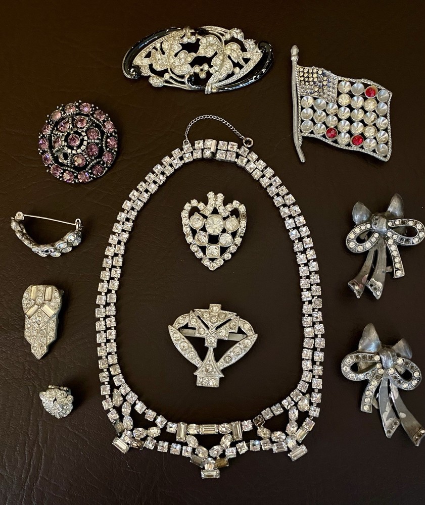 Vintage REPAIR RESTORE Rhinestone Pot Metal Brooch Pin Lot Necklace High End