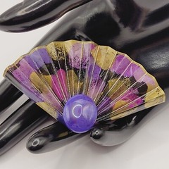 Purple Hue Art Paper Fan Brooch Pin Artist Signed Acrylic Glaze Origami Style