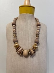 Vintage Chunky Wood and Gold-Tone Metal Mixed Bead Statement Necklace