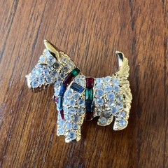 Vintage Scottie Terrier K.J.L I’m Clear Rhinestone Brooch Red Green Harness