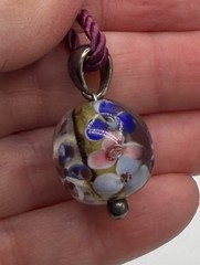 Art Glass Floral Bead Pendant Necklace 18” Blue White