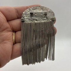 Vintage Brooch Abalone Shell Tassel Rhinestone Silver Tone Dangle Chain Pin