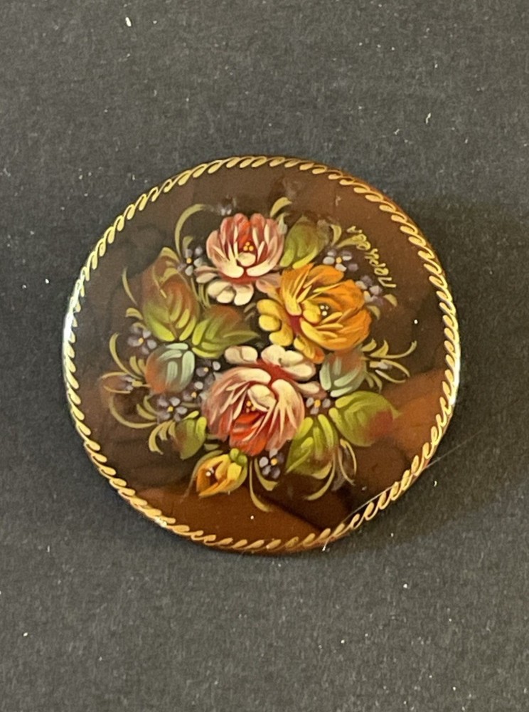 Russian Floral Brooch Hand Painted made in USSR Brown Autumnal Flower VTG Pin
