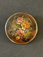 Russian Floral Brooch Hand Painted made in USSR Brown Autumnal Flower VTG Pin