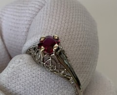 Art Deco Belais 18k White Gold Filigree Ring w/ Ruby – Appraised $2,650