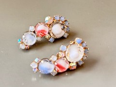 Vintage Signed HOBE’ Bracelet & Earring Set, White & Pink Givre Glass Stones