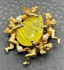 Vintage Jeanne Brooch Cherub Angel Marbled Swirl Yellow Rhinestone Nouveau Style