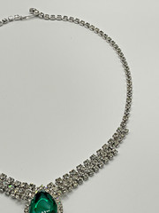 Vintage Emerald Green Glass & Clear Rhinestone Statement Necklace Silver Tone