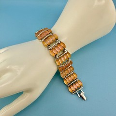 Vintage Bracelet Peach Pink Melon Frosted Lucite Thermoset Silver Tone Wide 6″