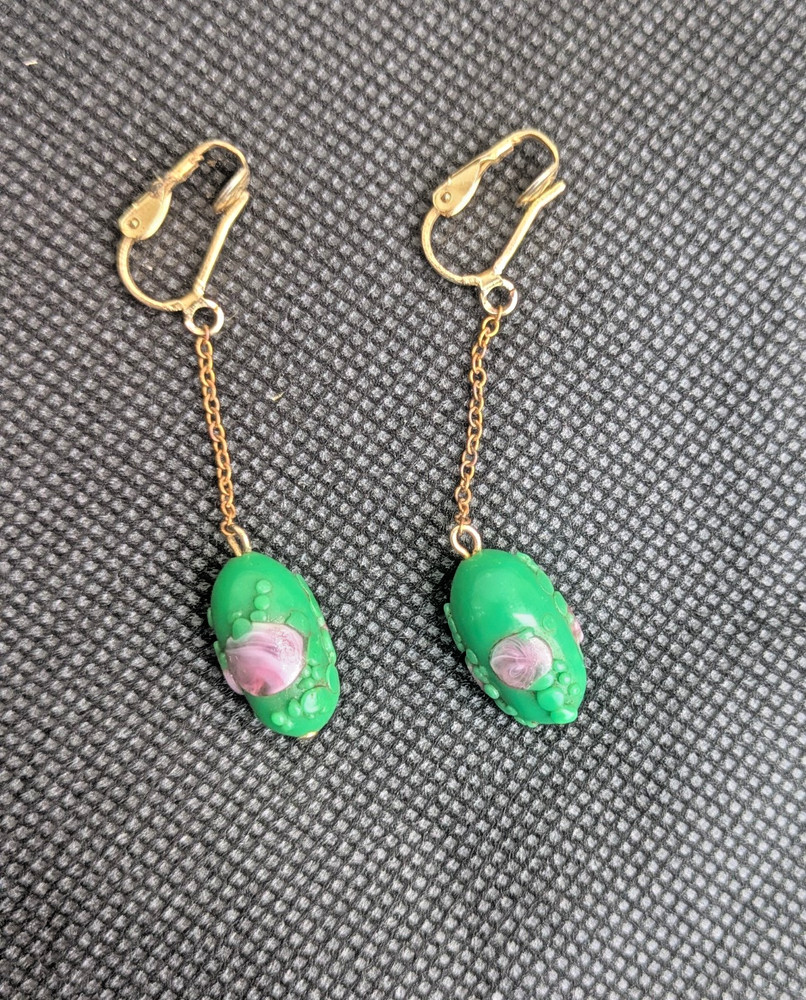 1960s Vintage Drop Earrings Screw Back Mint Green with Pink Roses
