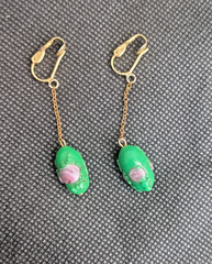 1960s Vintage Drop Earrings Screw Back Mint Green with Pink Roses