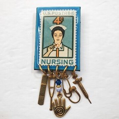Vintage USPS Resin Metal Nursing Postage Stamp Brooch Pin with Dangle Charms