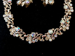 Aurora Borealis Set Necklace Clip On Earrings Rhinestone Vintage Demi