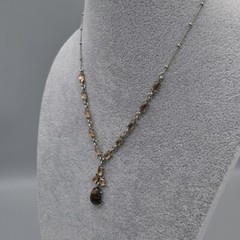 Vintage Brown Cabochon Rhinestone Necklace Y Tear Drop Pendant Nancy & Rise 17″
