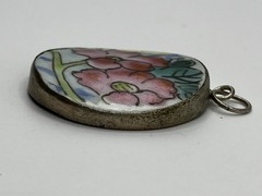Vintage Hand Painted Ceramic Shard Floral Pendant Pottery Round Silver Tone