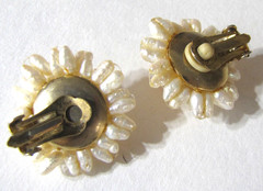 Vintage Rice Pearl Cluster Hand Strung Earrings Clip On Coral Bead Floral Clip