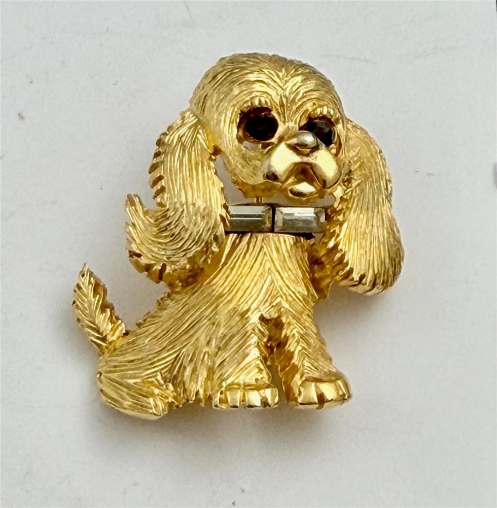 Vintage Pell Gold Tone Puppy Dog Clear Crystal Collar Red Crystal Eyes Brooch