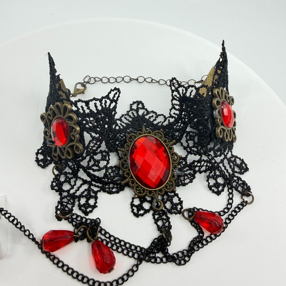 Gothic Red Crystal Lace Slave Bracelet Ring Set Victorian Dark Romantic Jewelry
