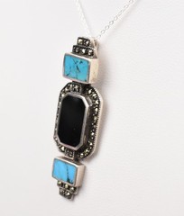 Sterling Silver Art Deco Turquoise Onyx Marcasite Pendant Necklace 18in 6.2g