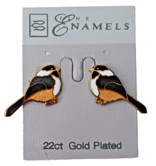 Vtg FINE ENAMELS 22ct Gold Plated Metal Chickadee Bird Pierced Stud Earrings 1″