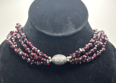 Vintage 3-Strand Garnet Chip Necklace 20” w/ Tribal Silver Beads – 92g Artisan S