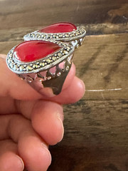 Marcasite Sterlling Silver Chunky Double Stone Garnet Ring Size 8