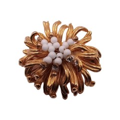 Vintage Gold Tone Floral Brooch White Milk Glass Beaded Rhinestone Pin 2 in D