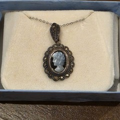 Vintage HAN Sterling Silver Marcasite Blue Mother of Pearl Cameo Necklace
